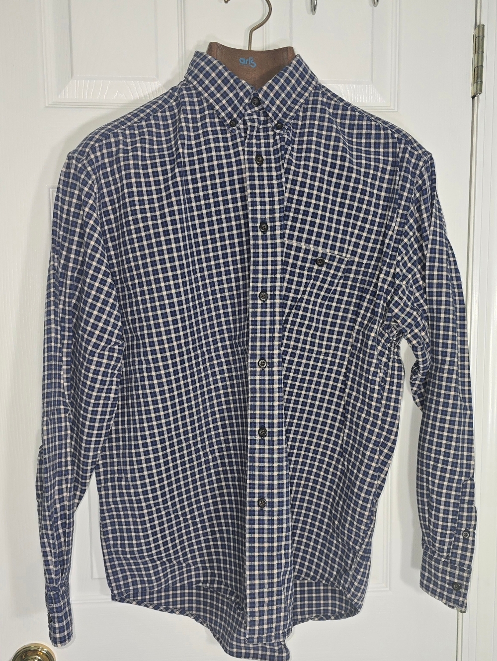 Eddie Bauer Blue and Tan Plaid Button-Down Shirt Office BBQ Casual